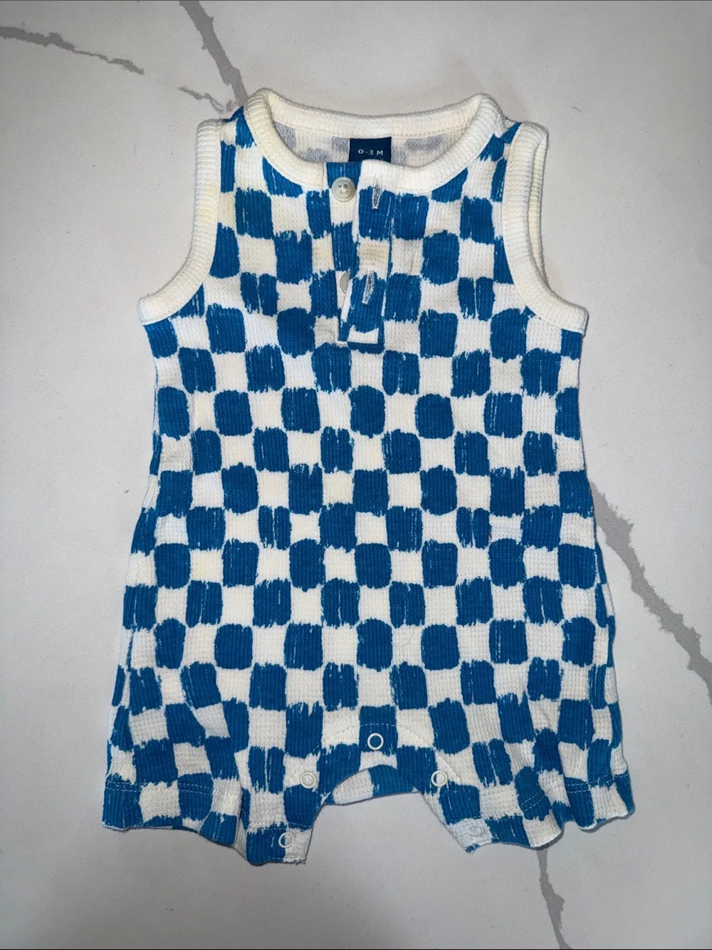 Old Navy Blue and White Check Knit Baby One-Piece